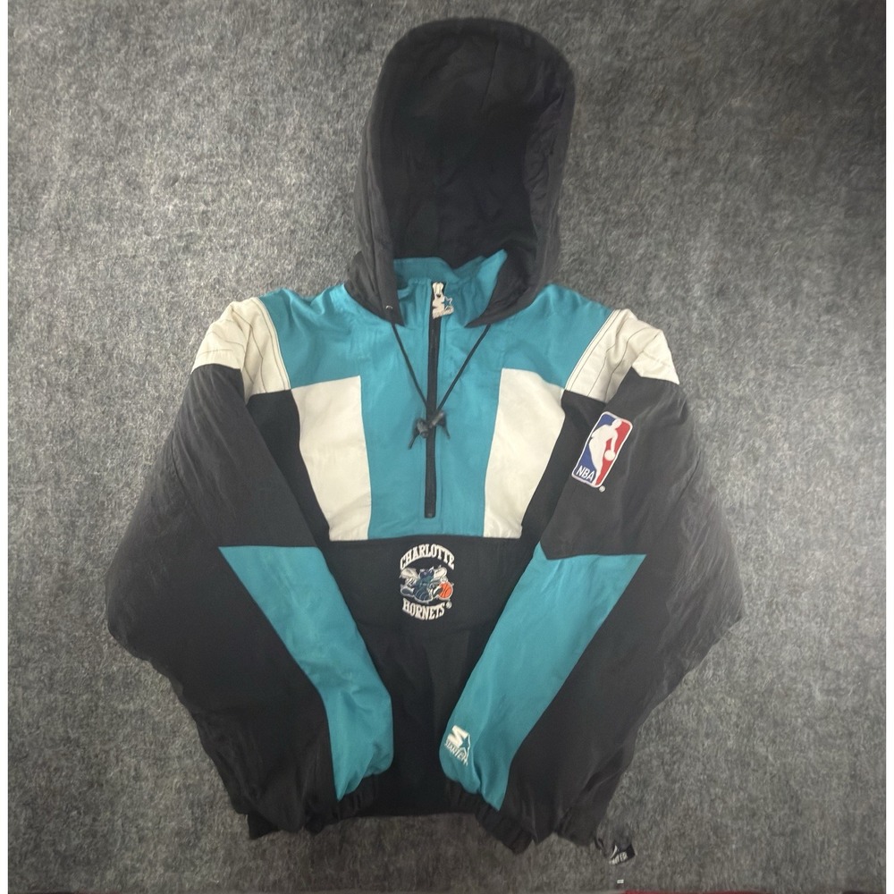 Vintage 90s Starter Charlotte Hornets Jacket Mens L NBA Pullover Big Logo Hood